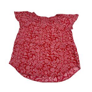 Liz Claiborne Red Floral Print Rayon Blouse size Medium Ruffled Cap Sleeves